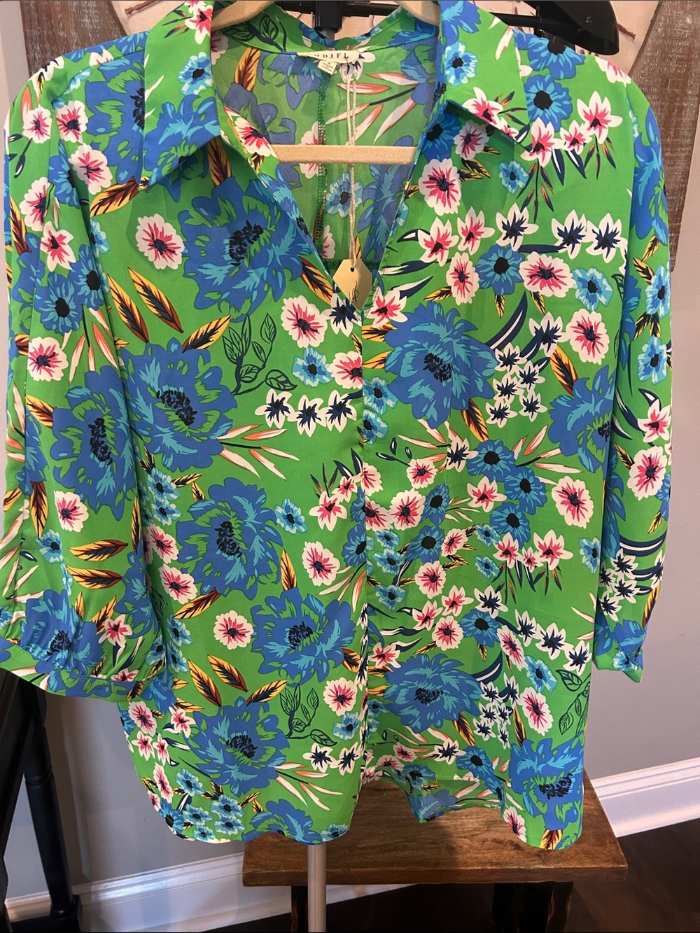 JODIFL NWT Green Floral Blouse with Blue and Pink Blooms Size : oversized Small